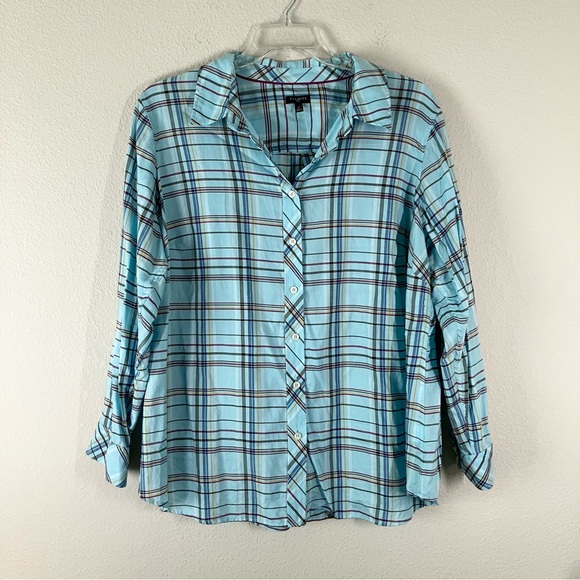 TALBOTS Plus Size Plaid Button Up Shirt Blue Long Sleeve Top Lightweight 2X - Picture 1 of 8